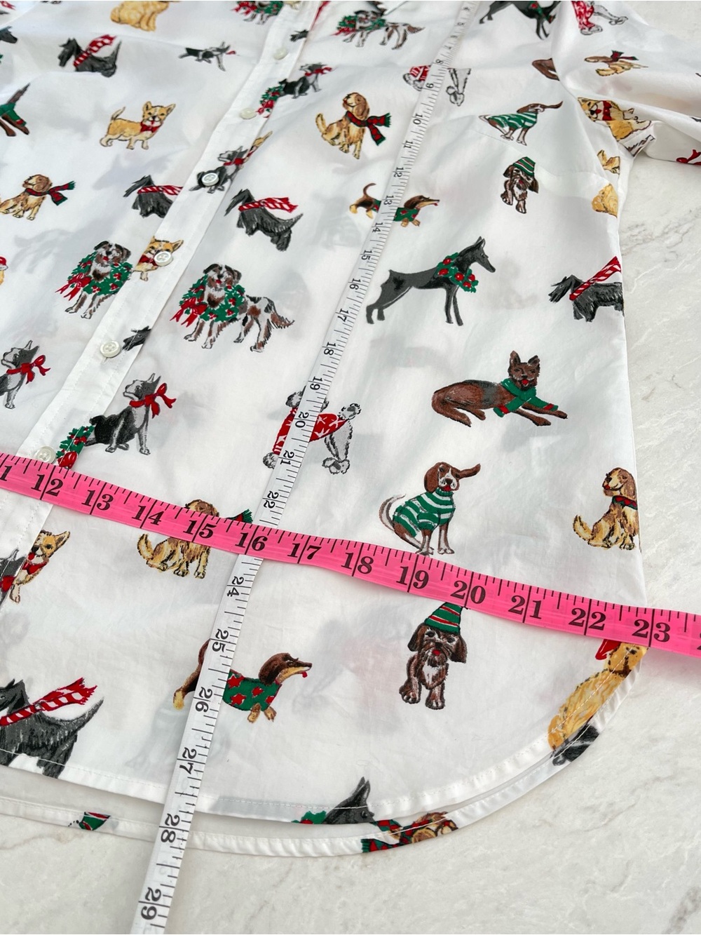 Talbots White Cotton Festive Button-Front Shirt "Dogs of Christmas" Print, Large - Picture 11 of 13